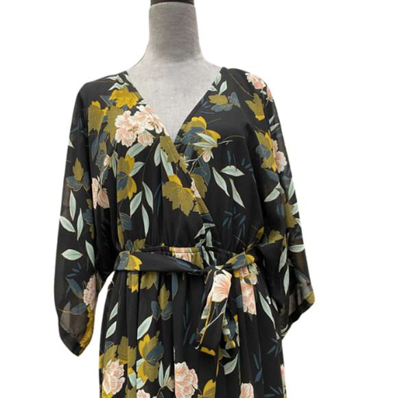 Baltic Born XXXL Black Floral Kimono Wrap Maxi Dress Belted V-Neck Polyester - Picture 6 of 12